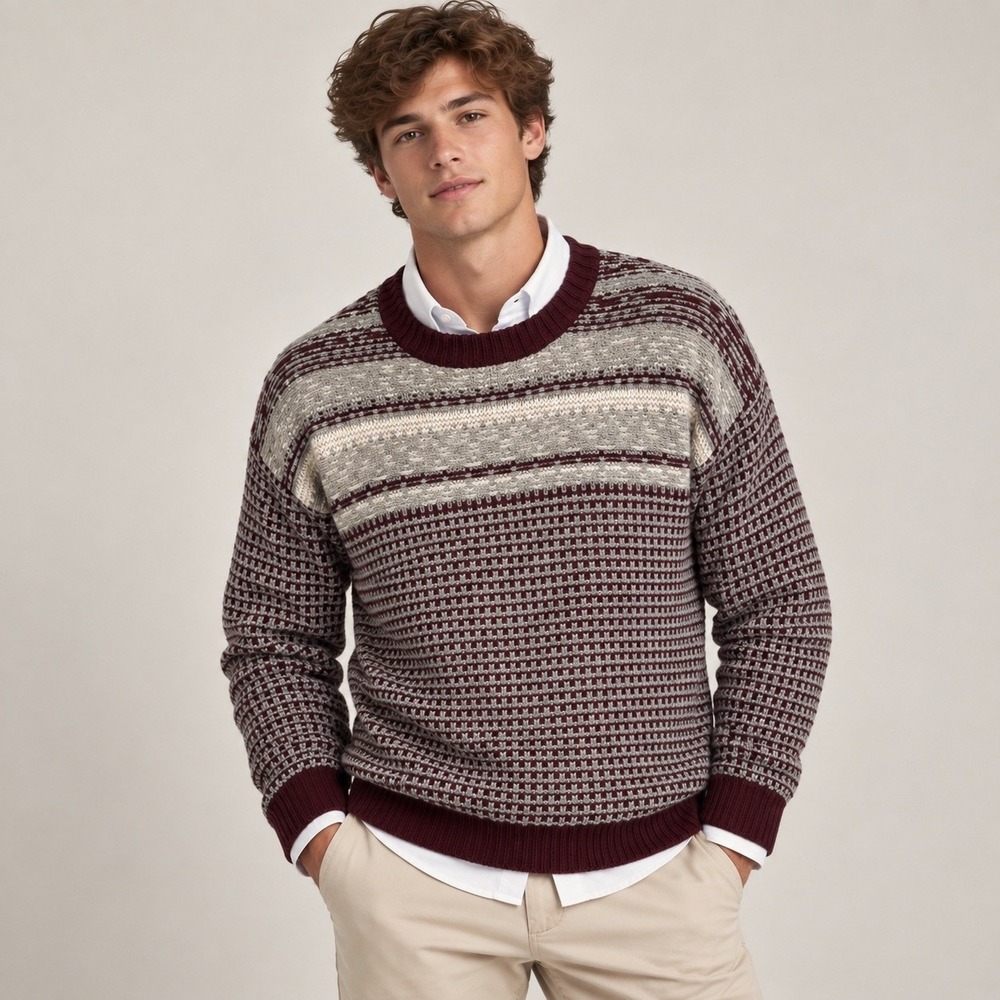 Ecote Burgundy & Gray Geometric Wool Blend Fair Isle Chunky Sweater, S